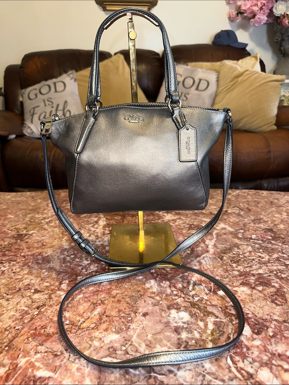 Coach Kelsey satchel in charcoal gray pebbled leather